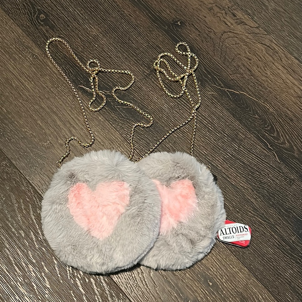 Grey fuzzy crossbody bags with pink hearts